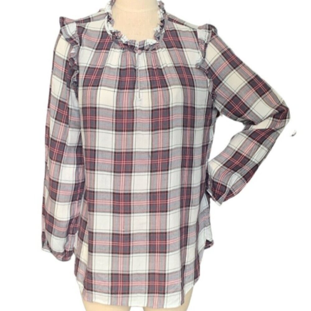 Loft Plaid Long Sleeve Blouse Ruffle Neck & Shoulder Sz L #125D